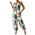 code new arrival  original women's casual plant printing jogger pants suspender jumpsuit