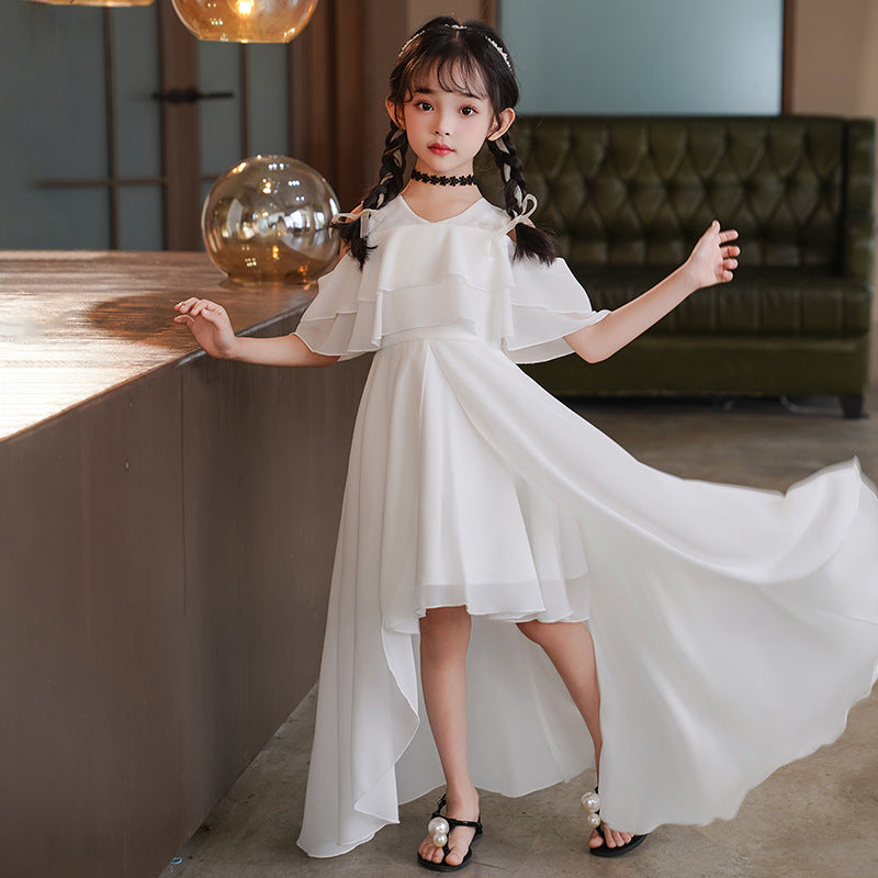 Girls' summer dress  new style: kids' off-shoulder chic chiffon dress, cool summer princess dress for mid-to-large children