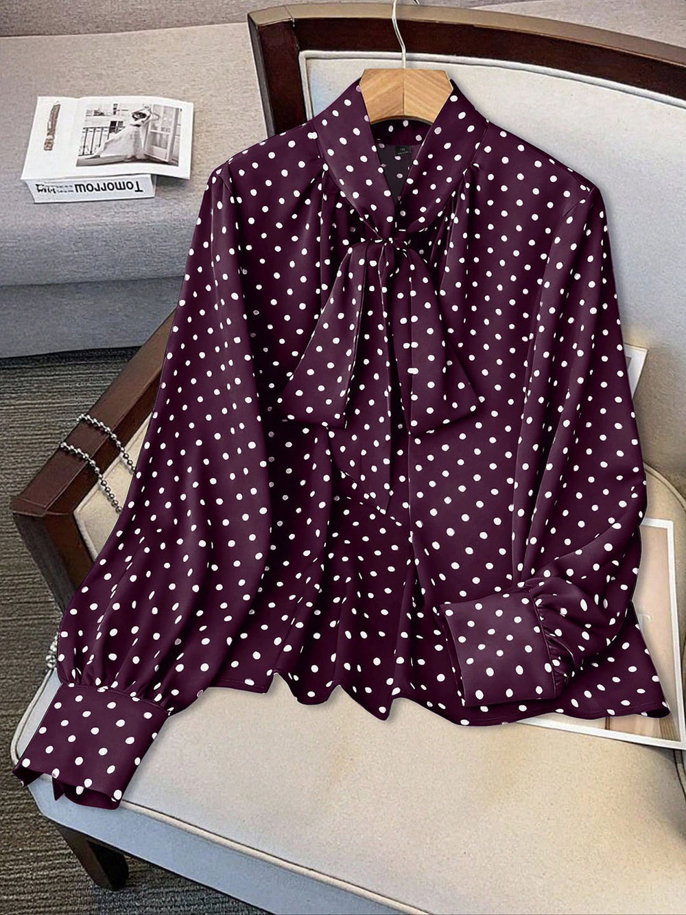 plus size retro polka dot ribbon tie blouse - bow collar, bubble sleeves, tummy control, versatile chiffon shirt