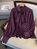 plus size retro polka dot ribbon tie blouse - bow collar, bubble sleeves, tummy control, versatile chiffon shirt