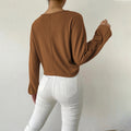 spring/summer new arrivals: european and american style loose fit casual v-neck drawstring waffle knit long sleeve cropped t-shirt - versatile top