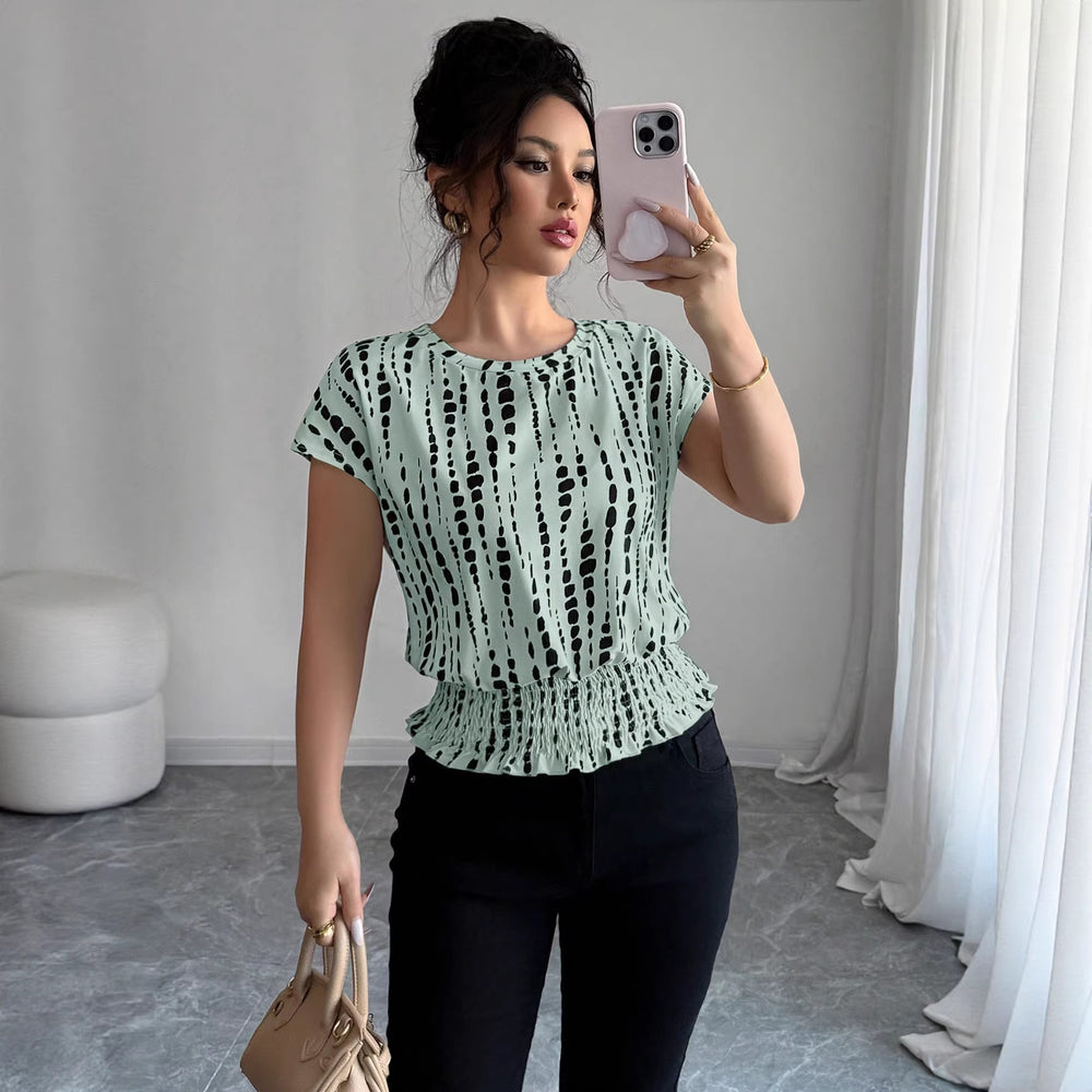 cross-border   independent station fashion women's summer short sleeve round neck elastic waist printing shirt