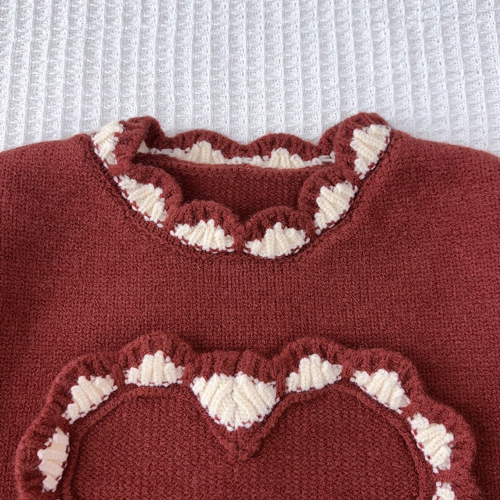 Girls' korean style sweater - new autumn/winter sweet 3d heart top - christmas baby girl round neck knitted long sleeve sweater