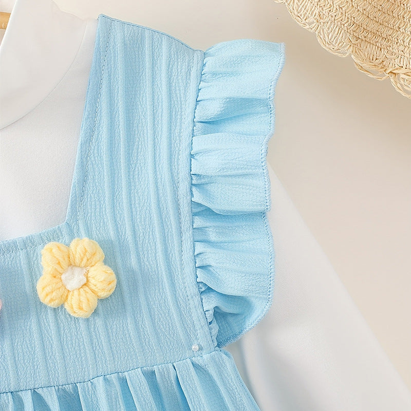 Autumgirldress sky blue cute flying sleeves knittingstereo flower embroiderlong sleeves bottom shirttwo-piece set