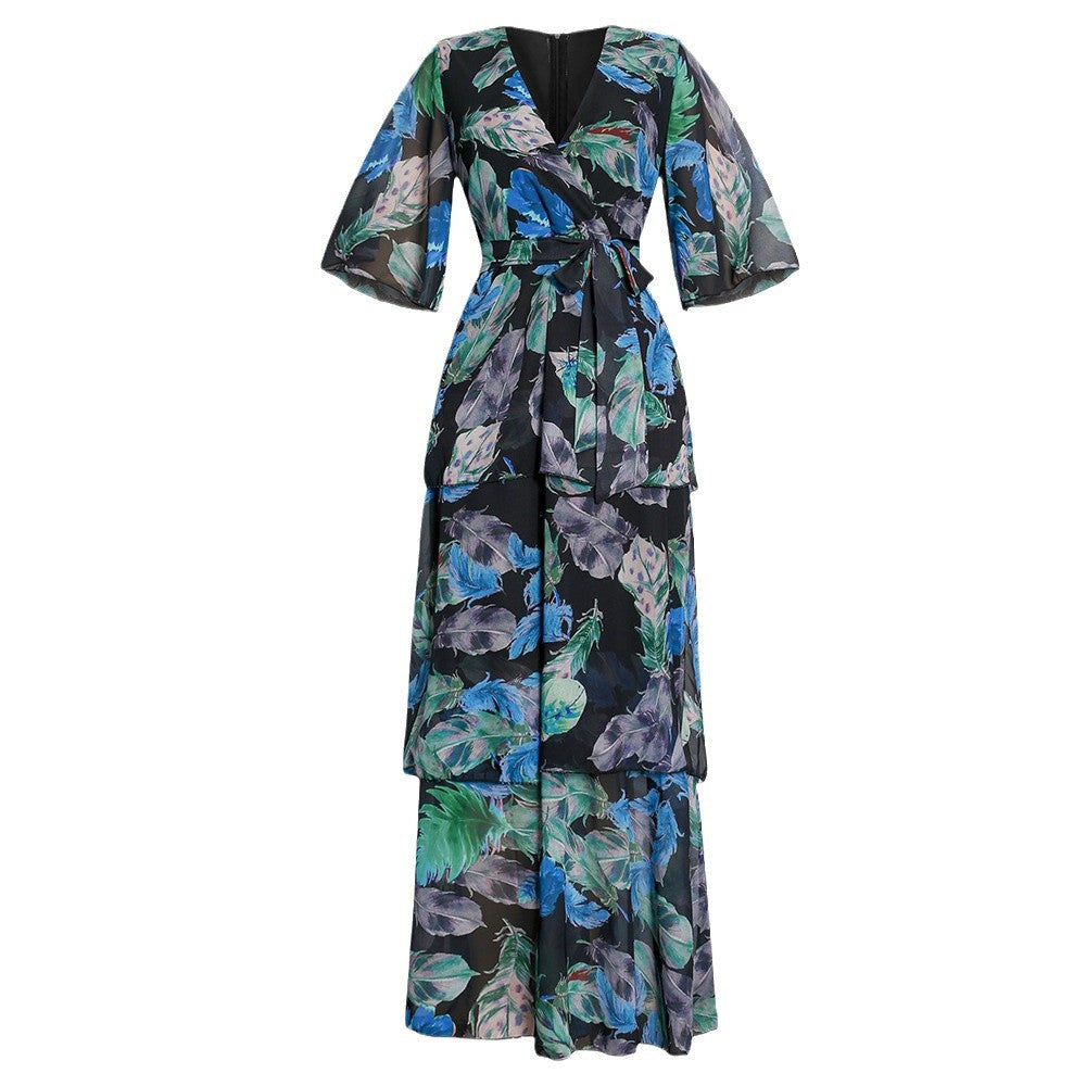 fashion v neck flower beach dress  plus size women's clothing casualloose swing long skirt