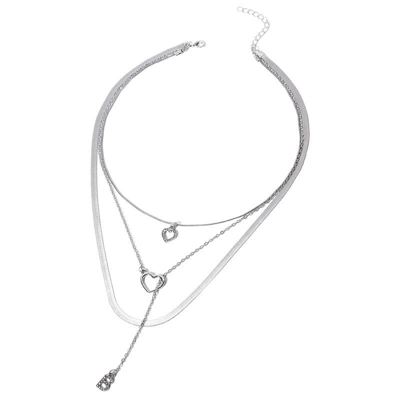 Wholesale alloy diamond-studded letter pendants, european and american cross-border jewelry, multi-layered fashion design heart necklaces for women