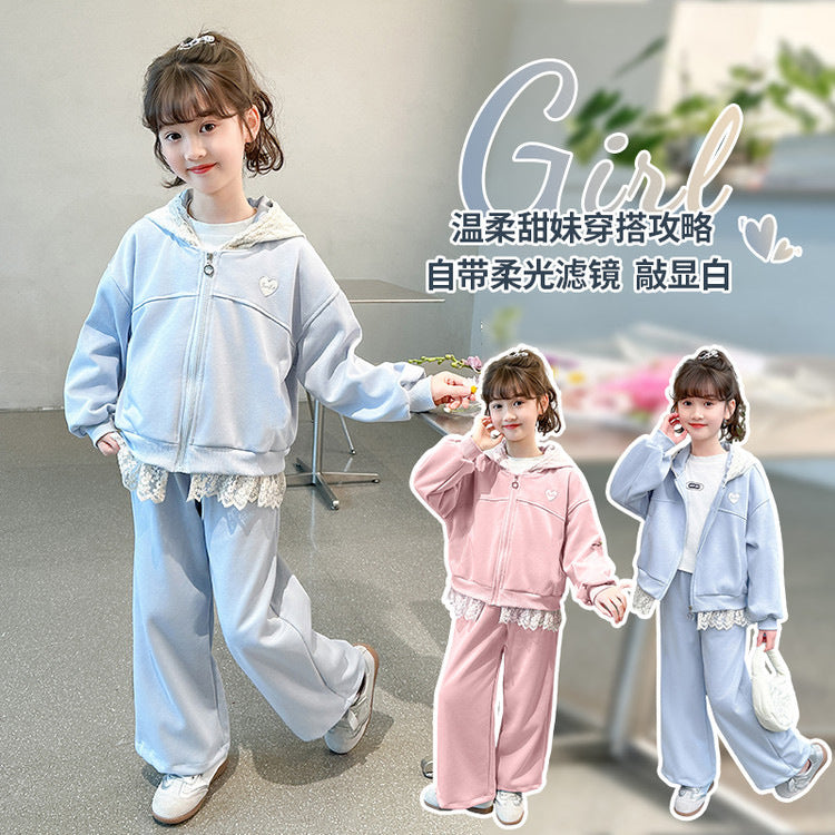 Girls' spring outfit : new stylish casual sporty lace-trimmed hooded jacket two-piece set for spring and autumn