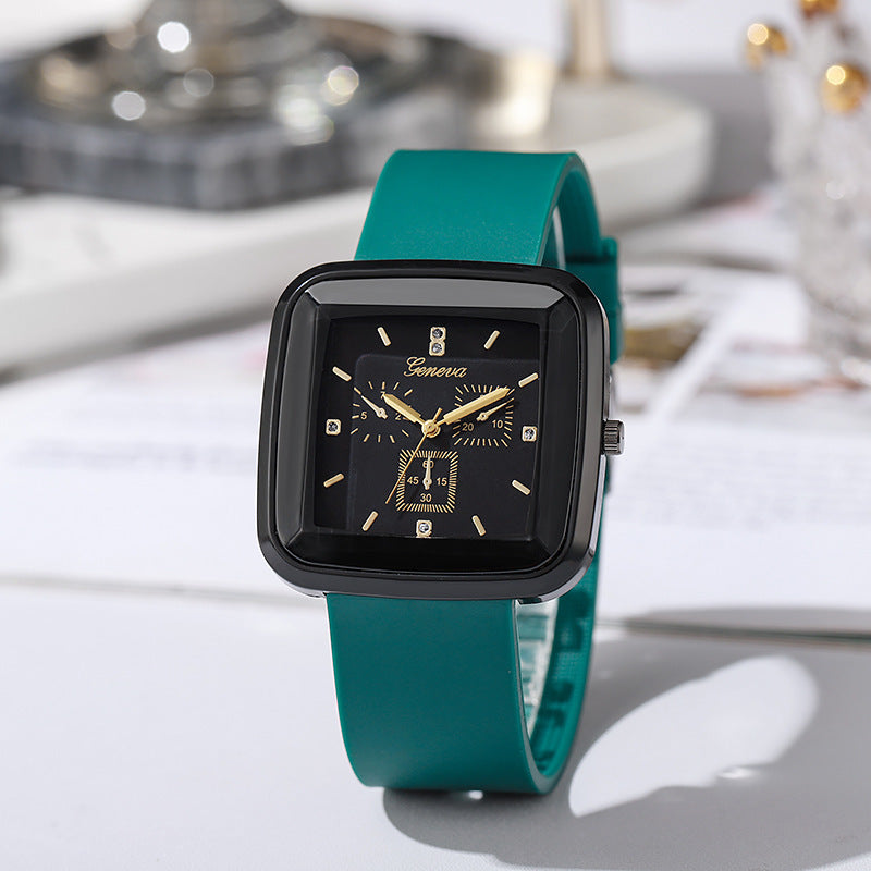 Square fashion autumn/winter niche student watch, minimalist silicone strap, korean style ins women's quartz watch, black