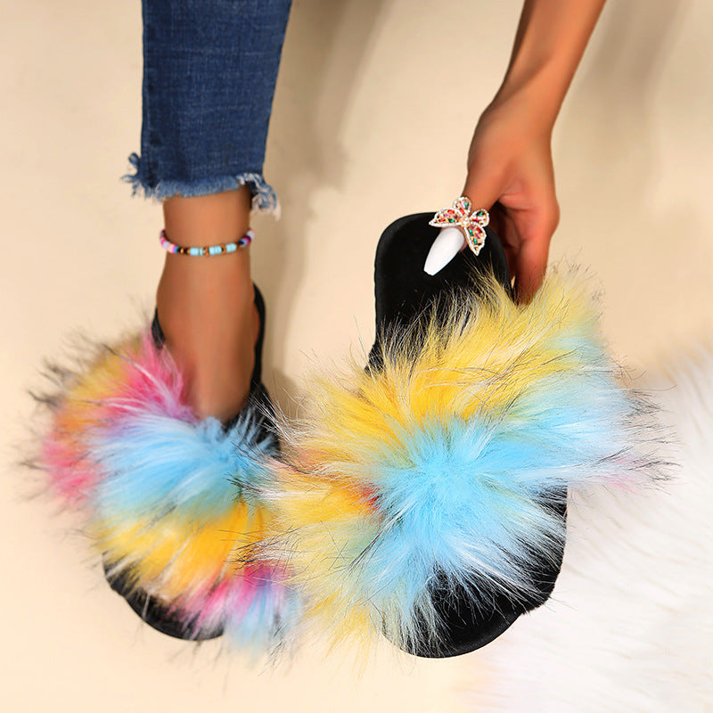 2024 new women's fuzzy clog slippers - cross-strap, flat, long-haired, warm, color-blocked, one-strap plush slippers for autumn/winter export