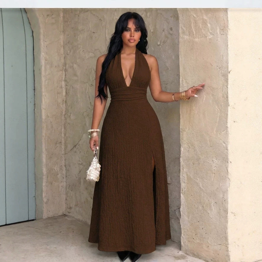 fashion women's deep v neck sleeveless tie back backless silm slit textured retro long skirt