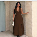 fashion women's deep v neck sleeveless tie back backless silm slit textured retro long skirt