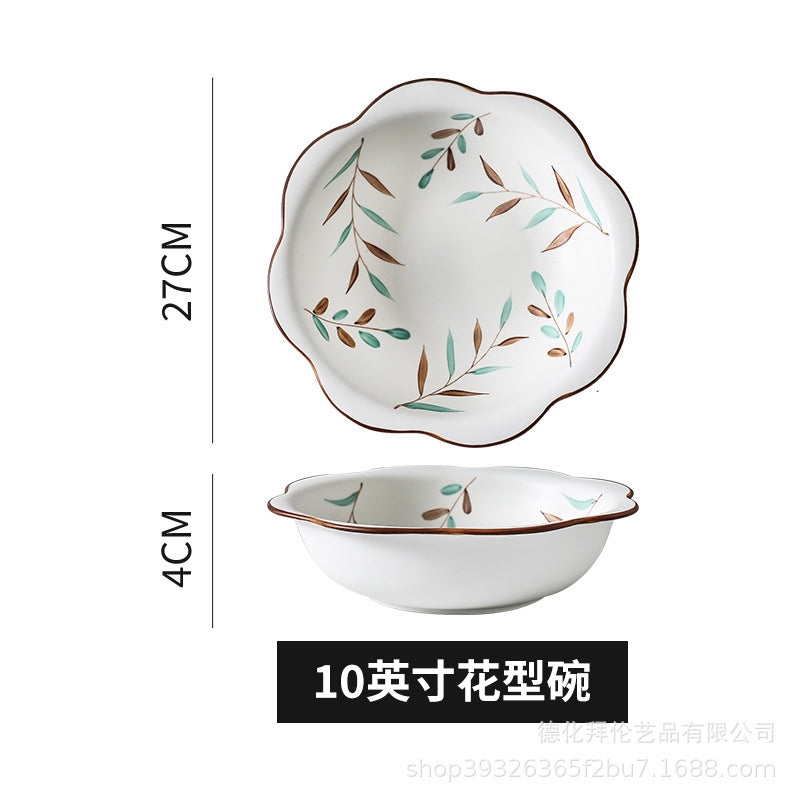 Nordic hand-painted leaf ceramic dinnerware set - includes plates, bowls, and dishes with handles for home use: dinner plates, vegetable plates, fish plates, noodle bowls, and snack dishes