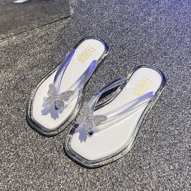 Fashioneasiest for match butterfly flip-flops women's summernew arrival crystal transparent outwearnon-slipabrasion resistant flip-flop sandals