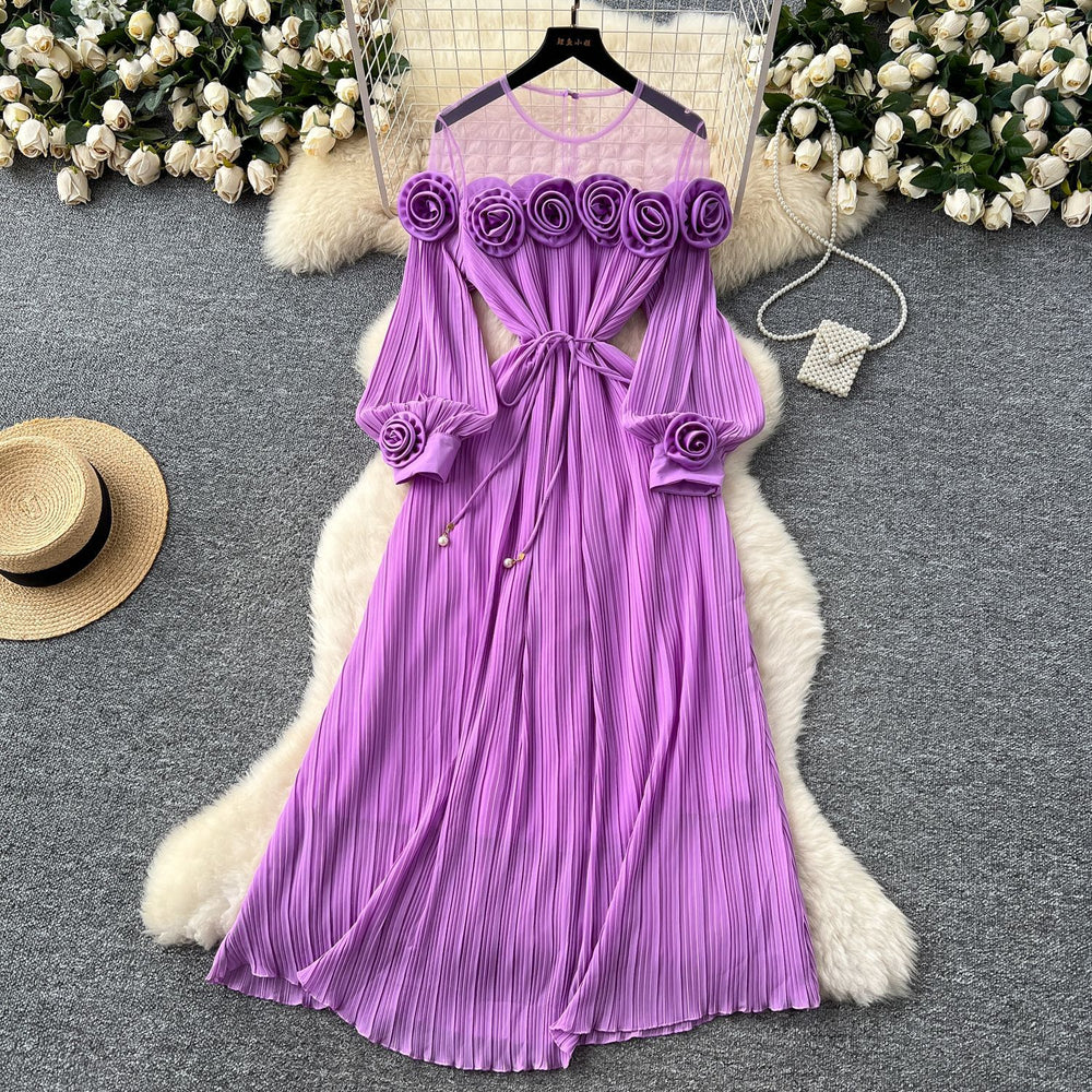 new european and american fashion heavy-duty 3d floral see-through mesh panel long sleeve cinched waist pleated dress for women