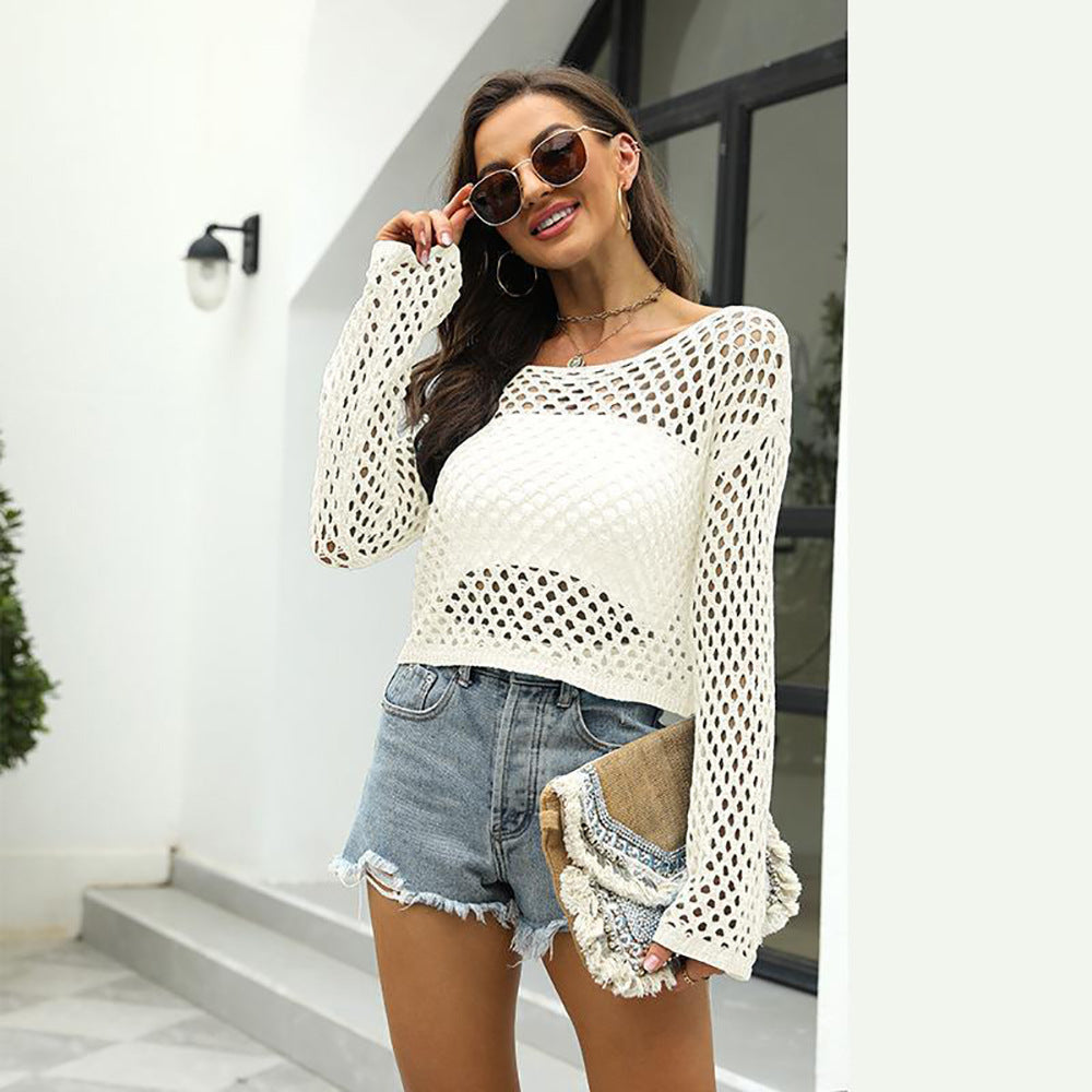 European and american cross-border women's clothing  summer knitted fashion sexy mesh hollow-out long sleeve beach sun protection cover-up top