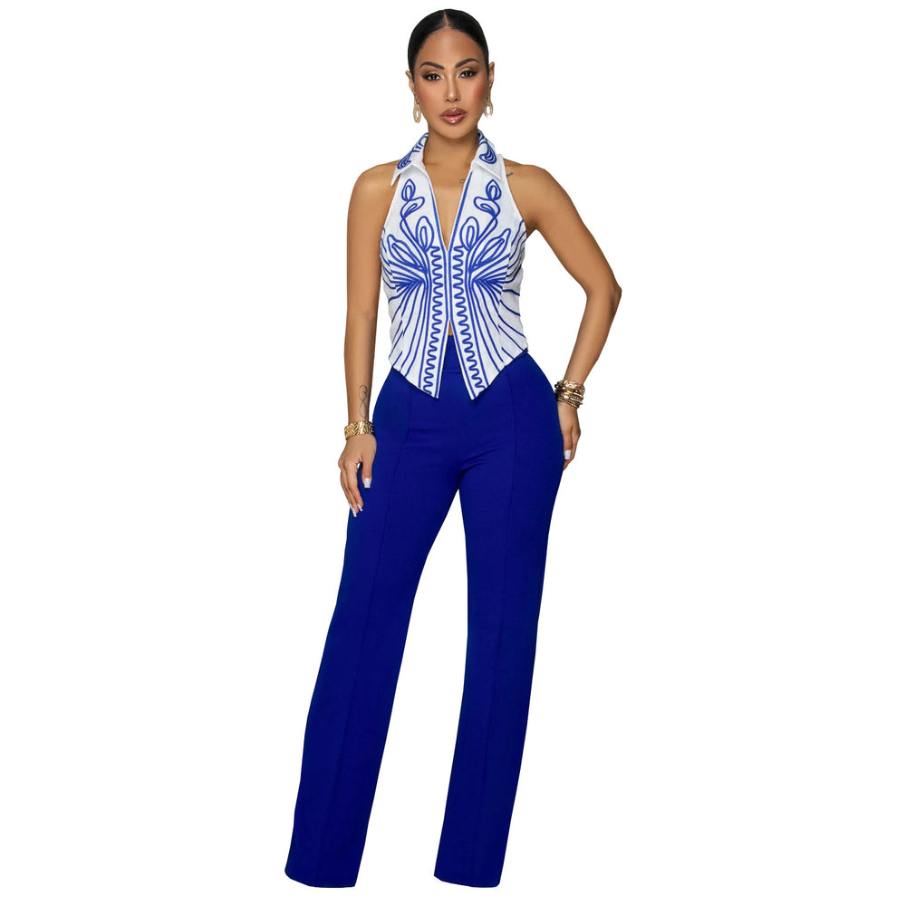 C7452 cross-border   fashion women's elegant printed top and pants two-piece set