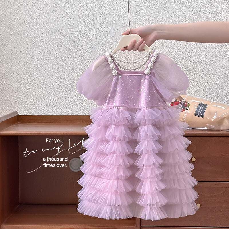 summer girls' purple sequin tulle pearl dress - princess party gown - clearance sale (limited sizes available)