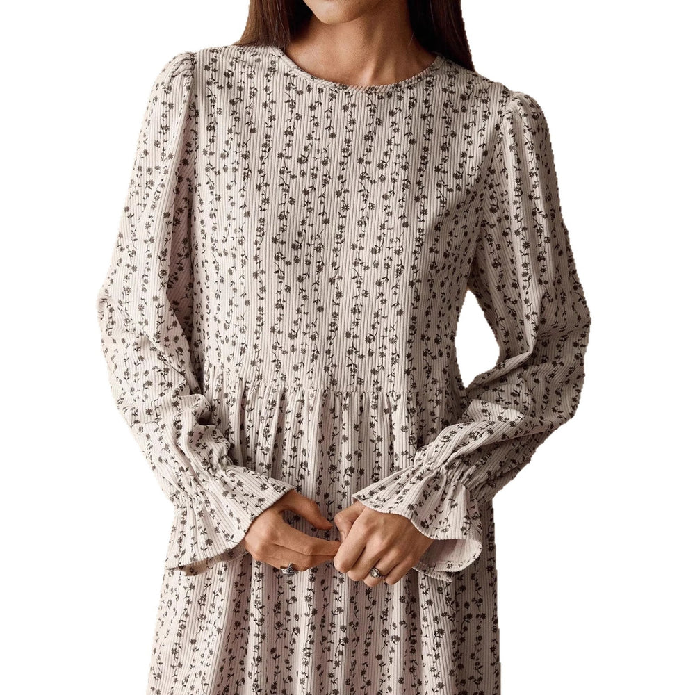 Amazon fashion cross-border export women's floral flare sleeve short dress - round neck high waist loose fit