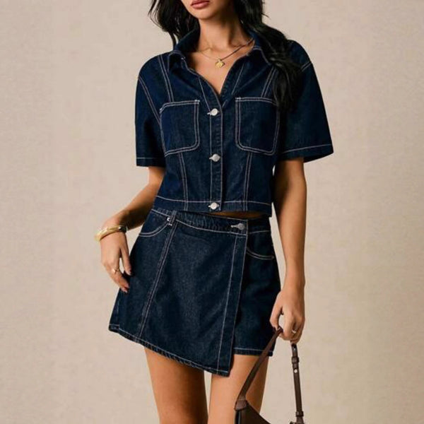 Cross-border European and American denim shirt culottes set, fashionable two-piece set, loose and comfortable denim set in summer