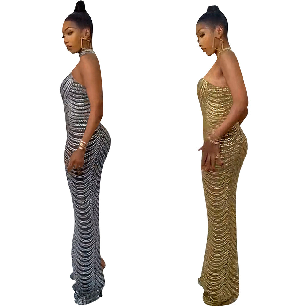 X5259 european and american fashion   sexy backless nightclub party dress rhinestone see-through maxi dress for women