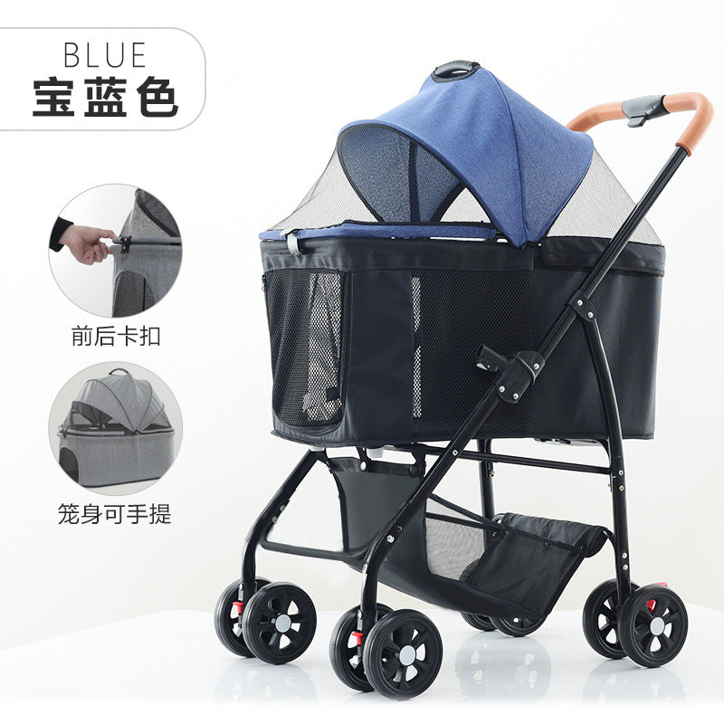 Lightweight foldable pet stroller cat dog carrier with detachable cage, portable small pet carriage with handbag and pet bed