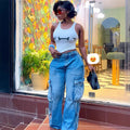 European and american style high-waisted jeans -  cross-border women's fashion, multi-pocket design, straight-leg cargo pants