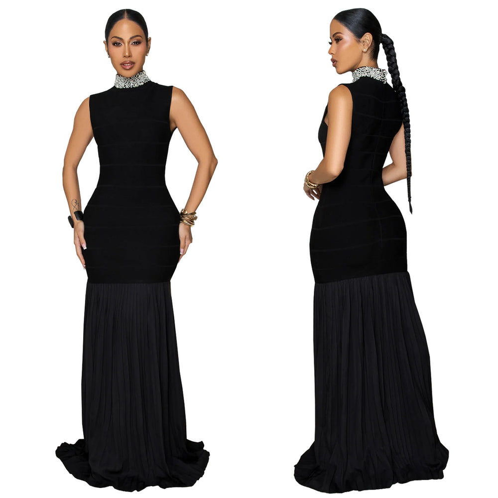 C7409 cross-border   fashion women's patchwork pleated elegant slim-fit beaded dress