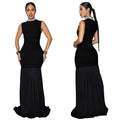 C7409 cross-border   fashion women's patchwork pleated elegant slim-fit beaded dress