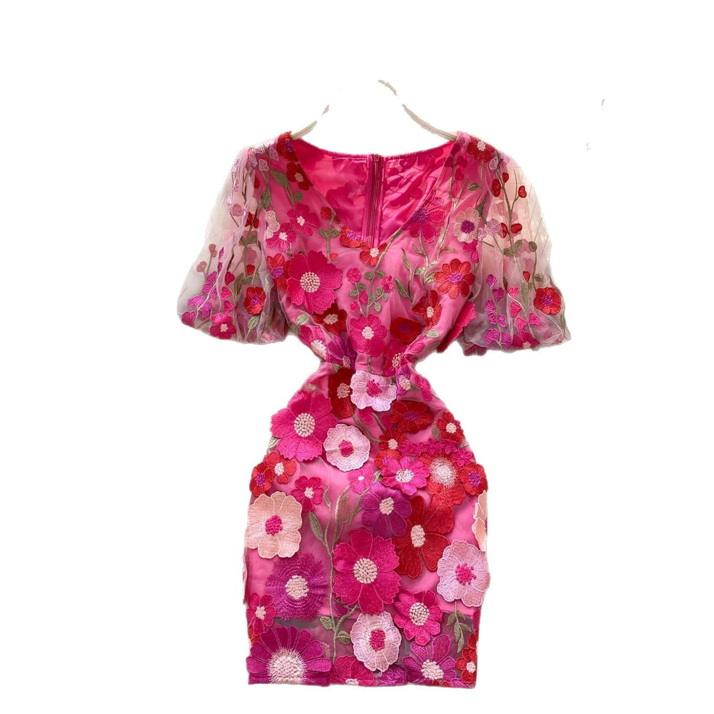 French style outfit for women french palace heavy industry embroider mesh puff sleeves waist dress for women slimming lookelegantdress