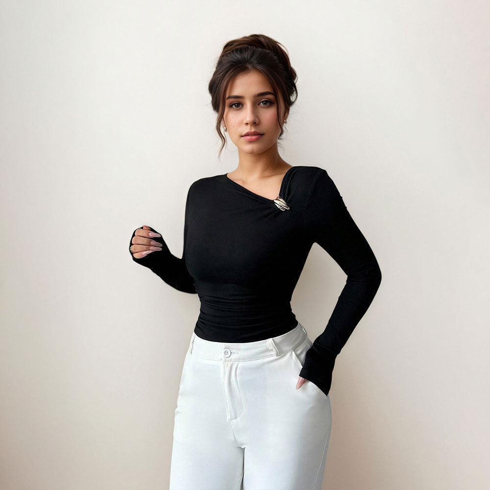 Asymmetrical neck ruched women's blouse - chic design, long sleeves, slim fit, new arrival, flattering, spring/autumn layering top