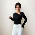 Asymmetrical neck ruched women's blouse - chic design, long sleeves, slim fit, new arrival, flattering, spring/autumn layering top