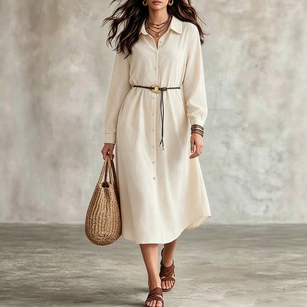 Plus size white shirt dress for work or vacation: long sleeve, tie-waist, slimming, and flattering - perfect for curvy women