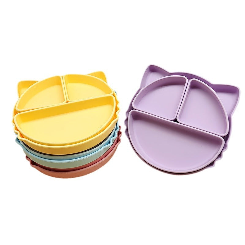 Food grade silicone children's dinner plate, infant complementary food grid dinner plate, cartoon cat easy to clean children's tableware