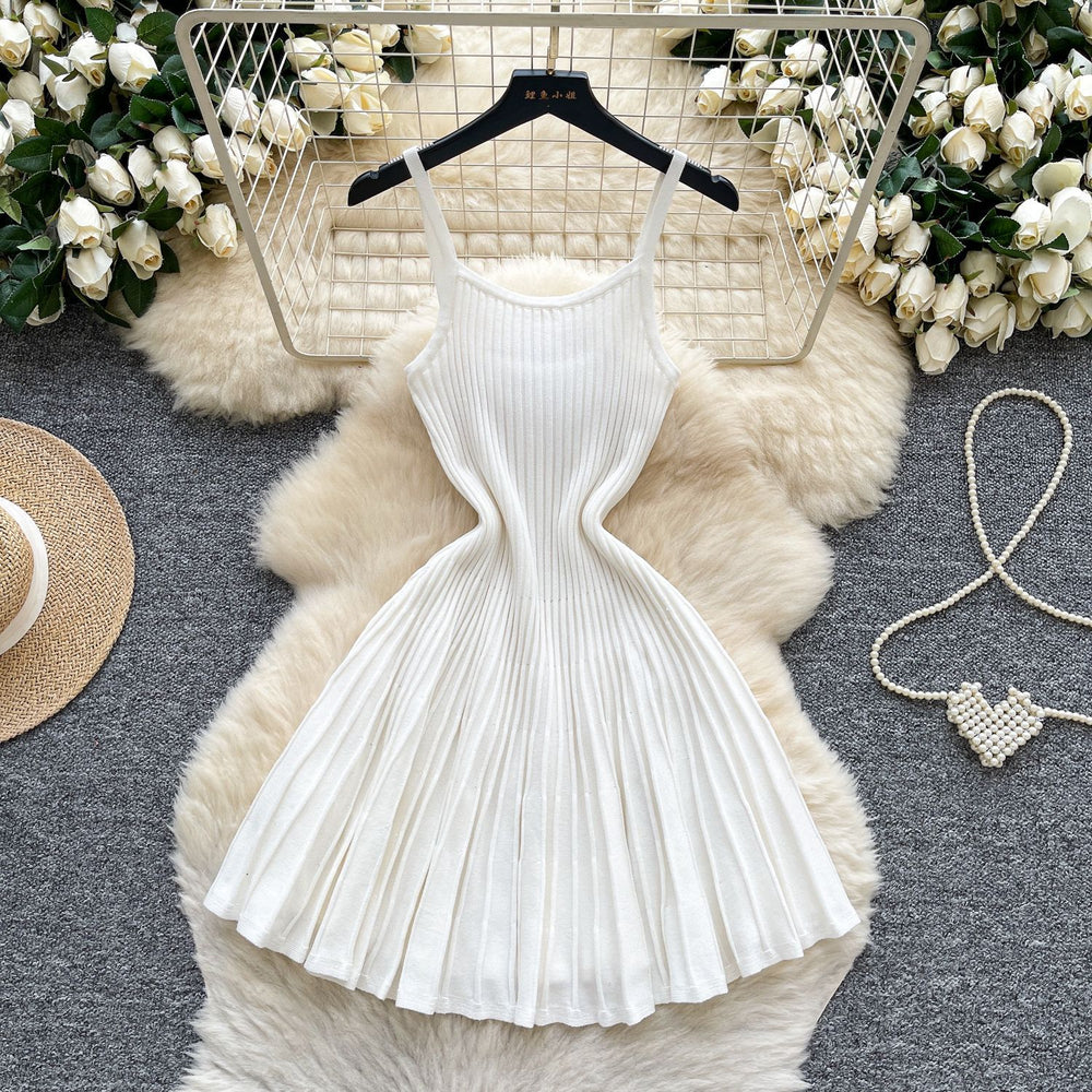 Elegant and chic camisole dress for women - autumn  collection: french retro, slimming, pleated, striped knit dress