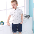 Boys' summer outfit set: polo shirt with anchor print, short-sleeve turn-down collar tee, and two-tone denim shorts - trendy kids' style