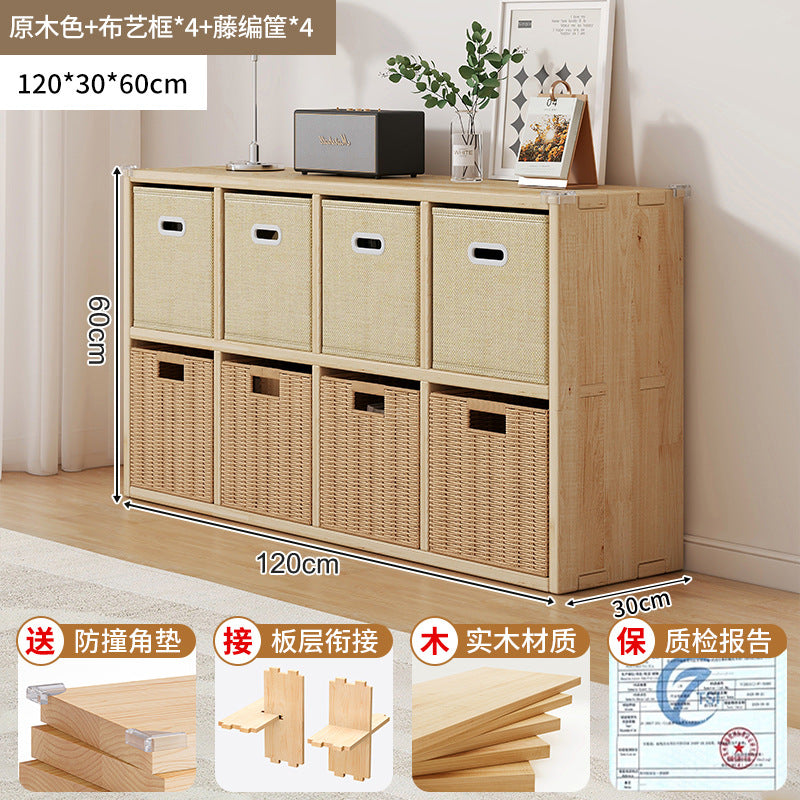 Solid wood bookshelf shelf floor-to-wall combination lattice cabinet living room kindergarten storage low household bookcase