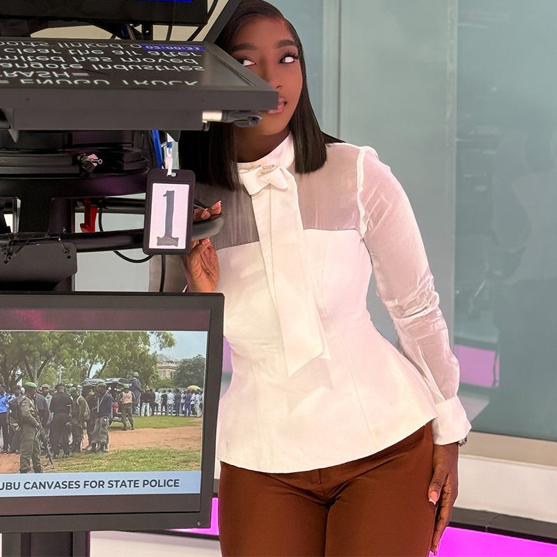 European and American  women's clothing 2025 autumn new fashionable fresh semi-turtleneck bow waist solid color shirt top