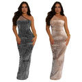 C7422 cross-border   fashion women's sexy mesh rhinestone one-shoulder sleeveless dress