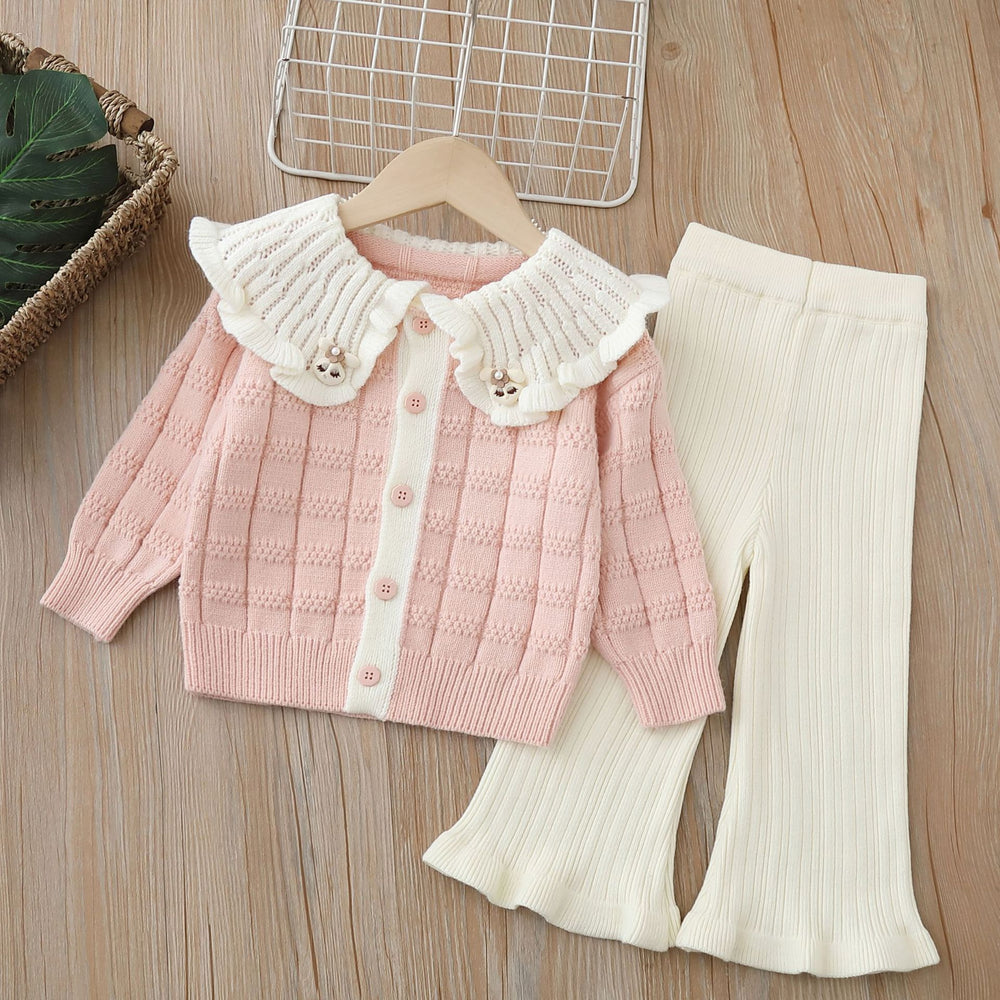 Girls' knitted cardigan sweater set - new autumn/winter  collection - handmade floral detail, big collar, knitwear outfit