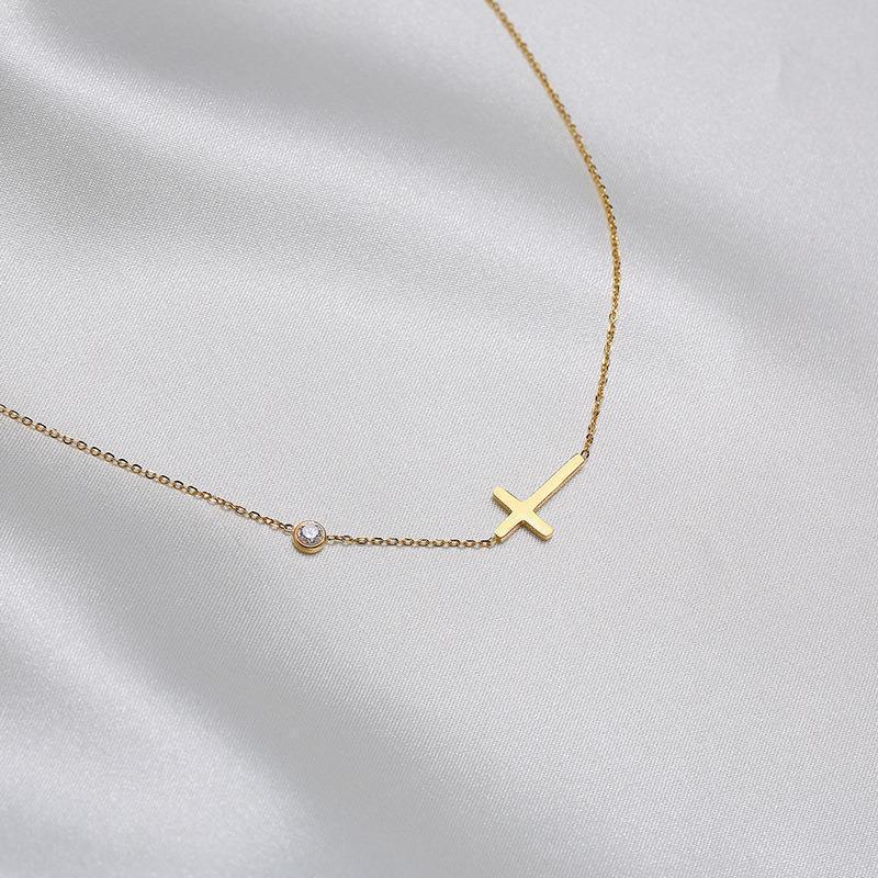 European and american style cross-border niche small and large diamond-encrusted cross necklace bracelet two-piece set clavicle chain for women titanium steel does not fade