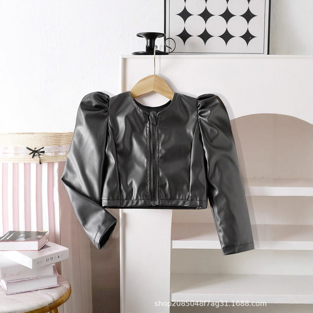 Girls' black cropped pu leather jacket - round neck, long sleeve, new autumn/winter style with puff sleeves