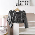 Girls' black cropped pu leather jacket - round neck, long sleeve, new autumn/winter style with puff sleeves