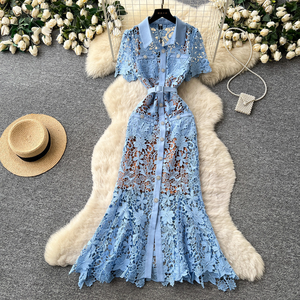 French chic heavy lace cutout dress - women's summer collared, slim-fit, work-ready, elegant maxi dress