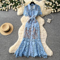 French chic heavy lace cutout dress - women's summer collared, slim-fit, work-ready, elegant maxi dress