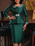 Autumnelegancesatin skirtsuit beading applique lapel silmoutwear hip covering church dresstwo-piece set