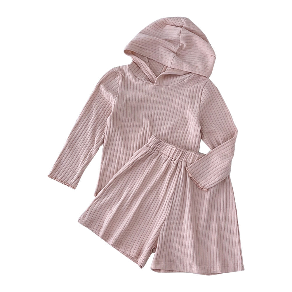 Insspring & fall clothing new girl k-stylepure colorstripes hooded long sleevestopskids wide leg shortstwo-piece set