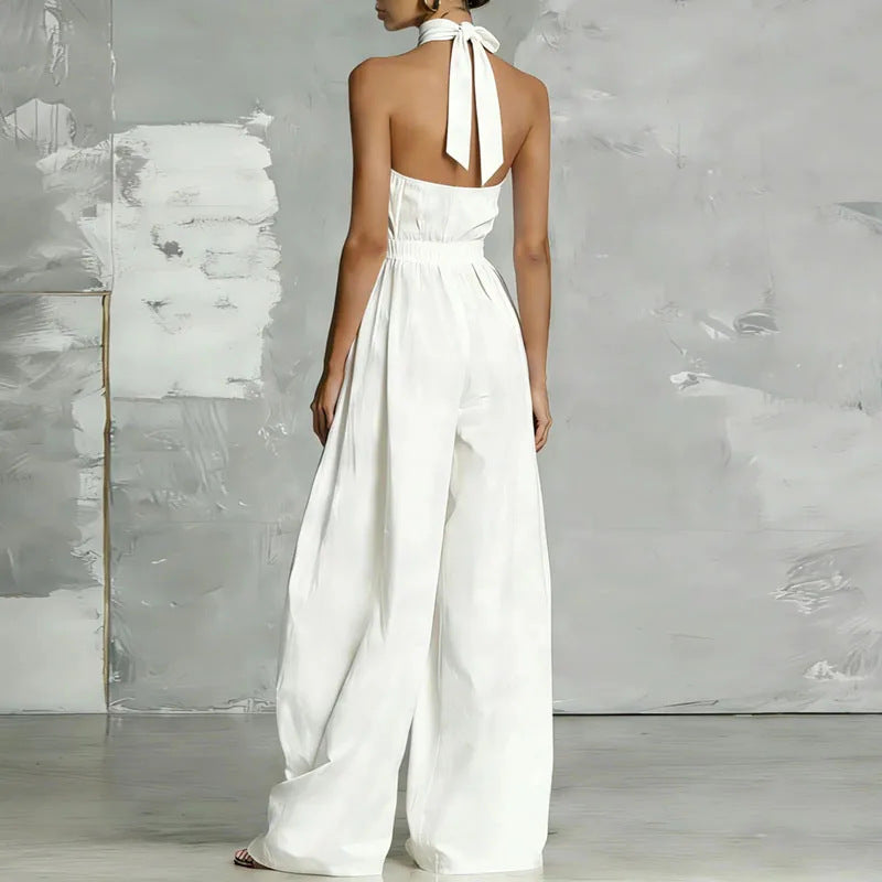 summer new women's clothing: cross-border  fashion - elegant solid color halter neck open back wide leg jumpsuit