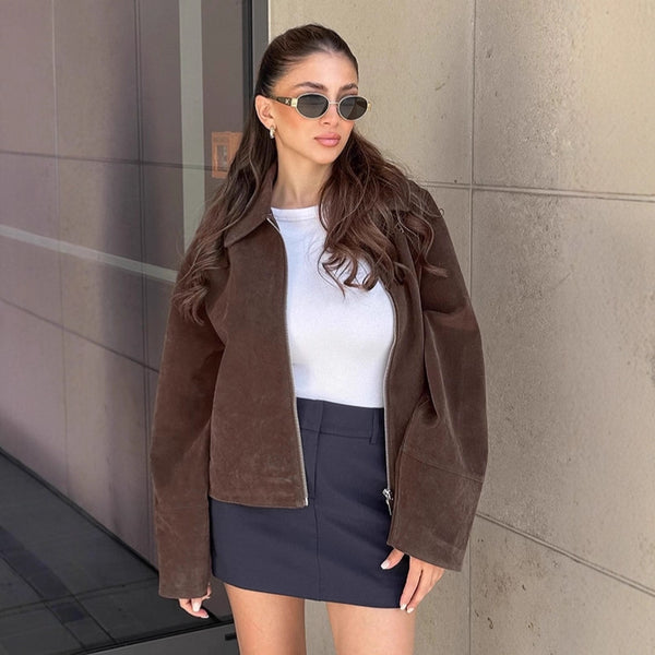 Vintage Maillard Brown Suede Jacket Women's 2025 Fall Commuter Loose Lapel Jacket Design Sense Women's Clothing