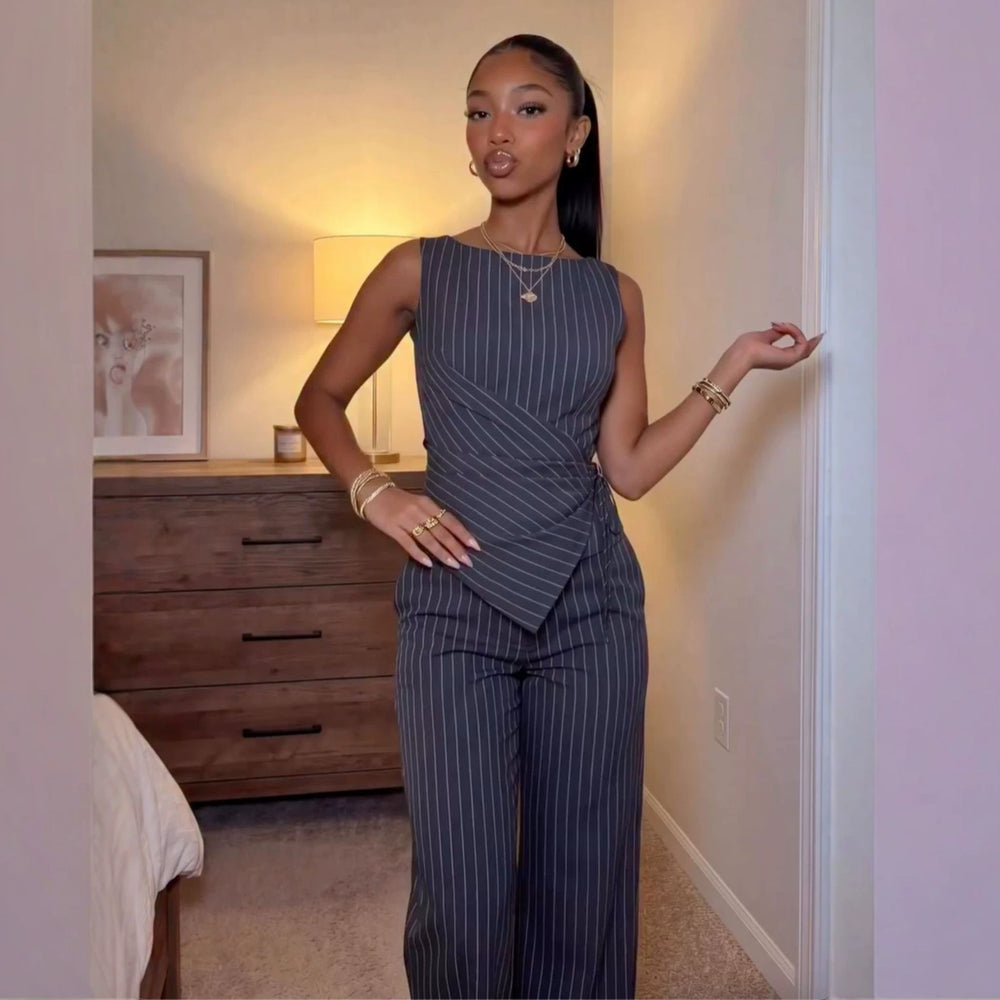 European and american cross-border women's fashion  summer new arrival: elegant strappy sleeveless striped slim-fit top and high-waisted pants set