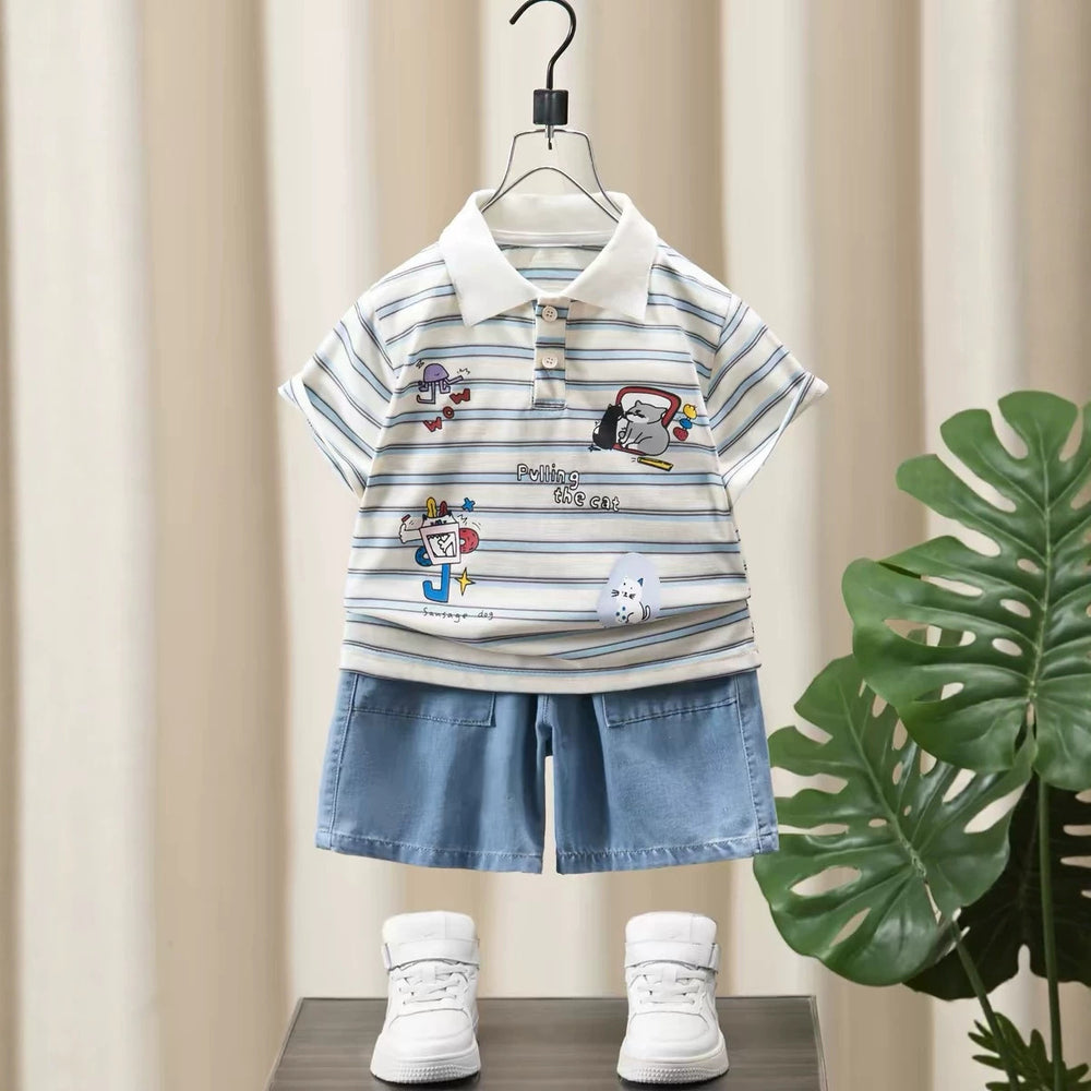 Boys' summer short-sleeve two-piece outfit,  new arrival: cute, trendy, and stylish summer set for cool and fashionable kids